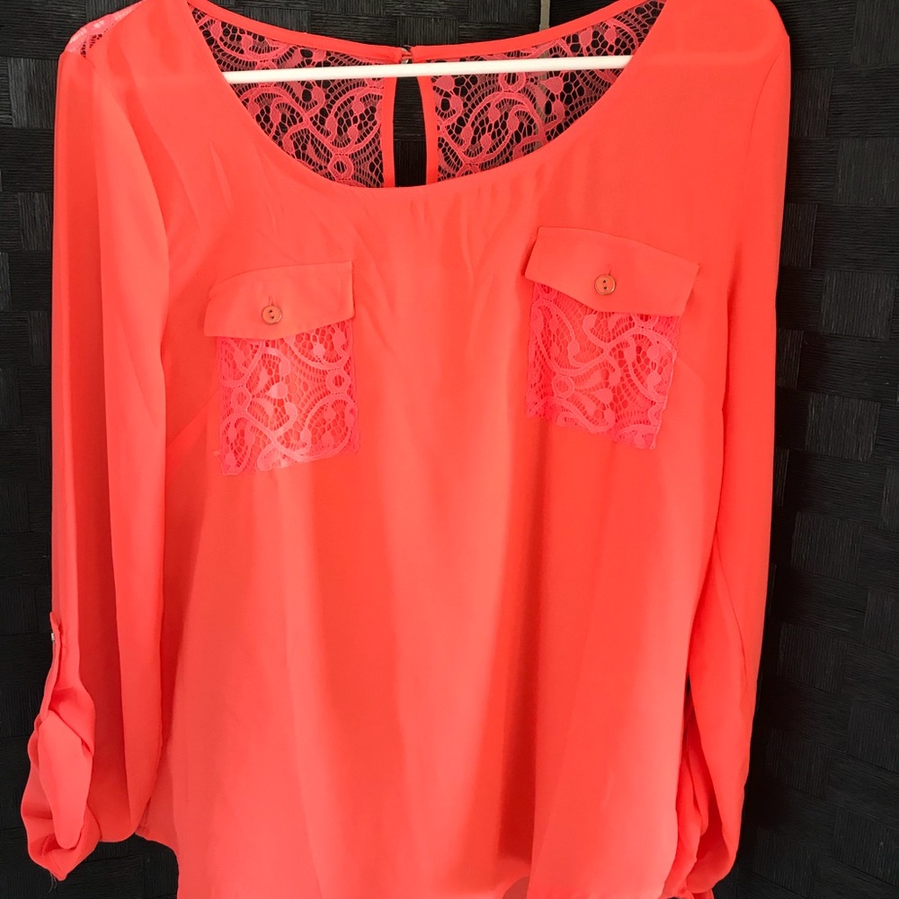 Coral lace on back blouse